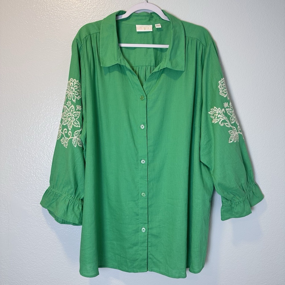 Belle by Kim Gravel Size-3X Blouse Linen‎ Blend Green Embroidered Sleeve